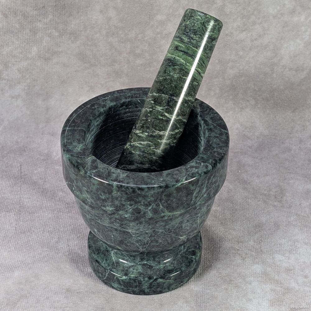 Green Marble Mortar & Pestle Footed Natural Stone Kitchen Set Herb Spice Grinder